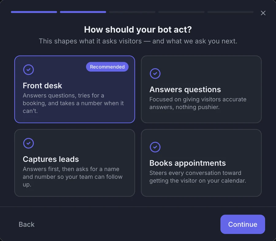 SwingLeads setup screen: choose how your bot should act, such as Front desk, Answers questions, Captures leads or Books appointments