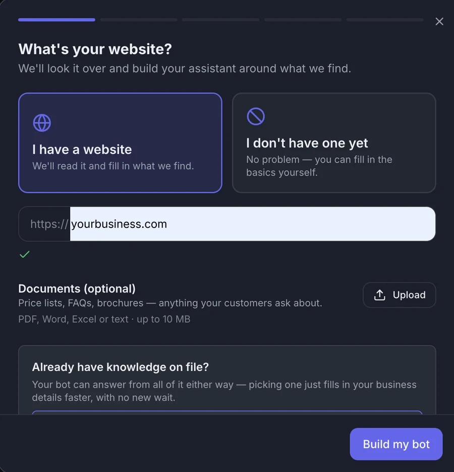 SwingLeads setup screen: enter your website address and optionally upload documents, then Build my bot